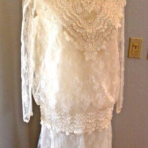 Vintage Women’s White Lace Wedding Dress Set Blouse Skirt Long Drop Waist 80s